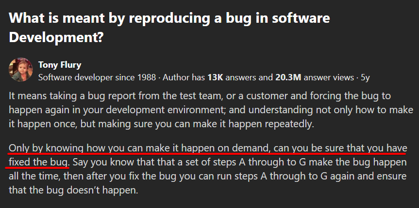 screenshot of a quora comment about the importance of bug reproduction