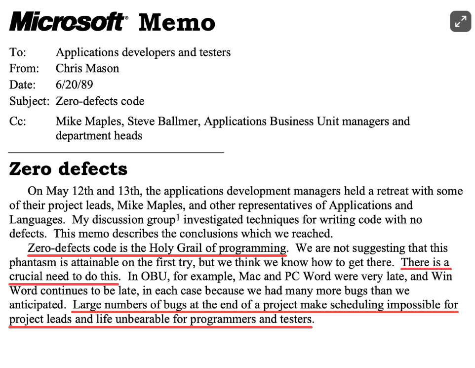 screenshot of a microsoft memo explaining Microsoft's "zero defects" methodology