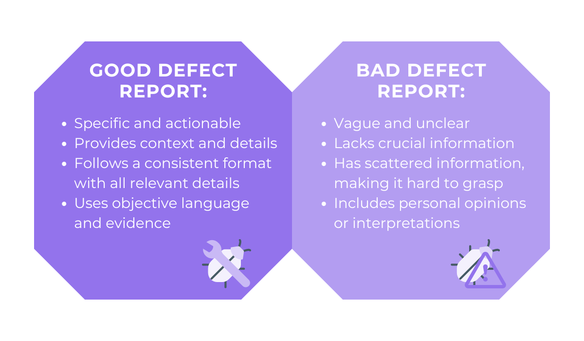 a table breaking down a good vs bad defect report