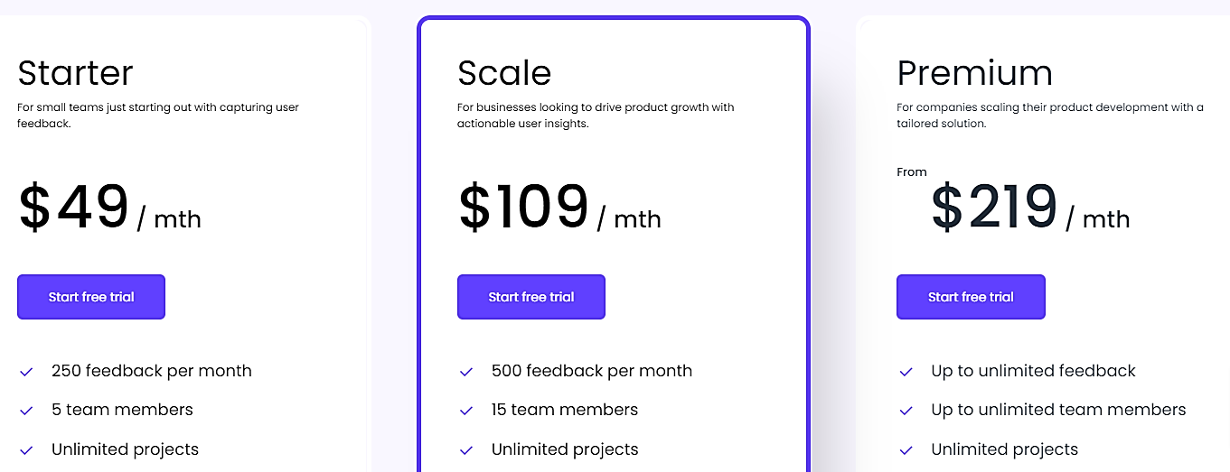 userback plans and pricing screenshot