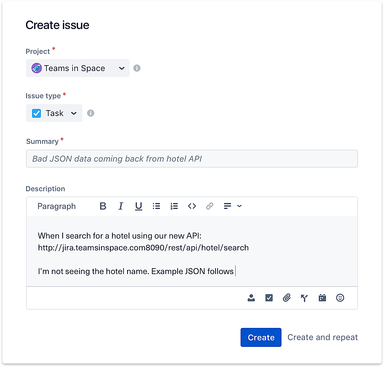 jira create issue field screenshot