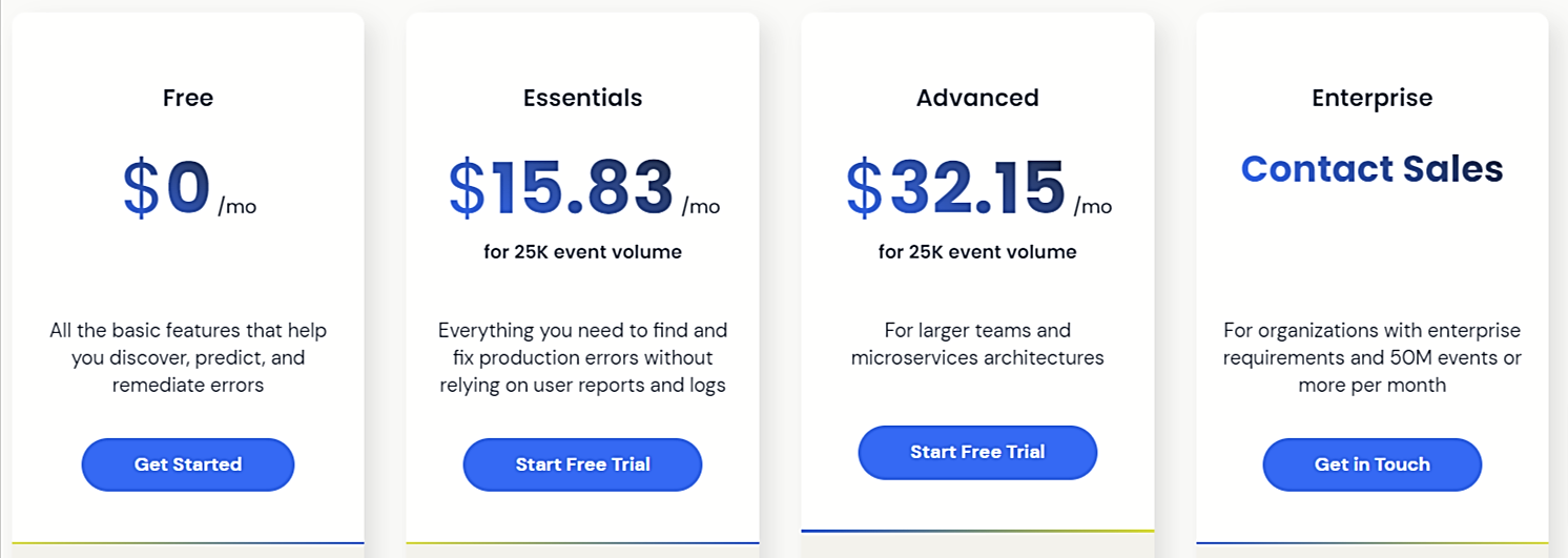 rollbar plans and pricing screenshot