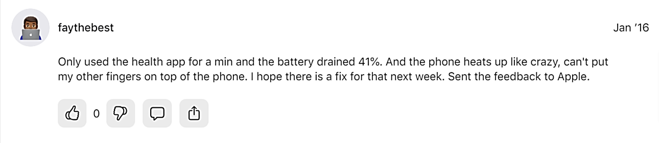 screenshot of a comment about battery drainage issues with an app