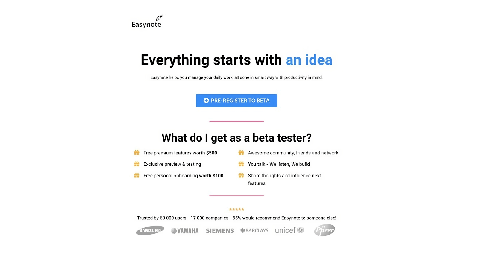 easynote beta test landing page screenshot