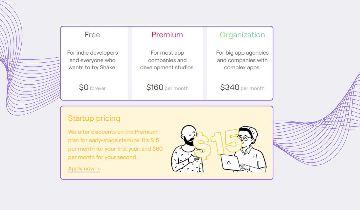 screenshot of shake plans and pricing