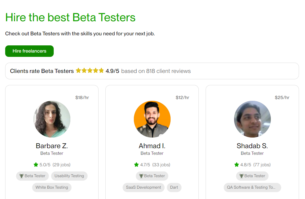 screenshot of upwork beta testers for hire